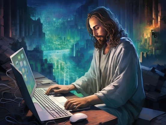 Artists rendition of Jesus "Big J" Christ programming a computer, crunching those SLoC like a 10x brogrammer, cause JESUS SHIPS