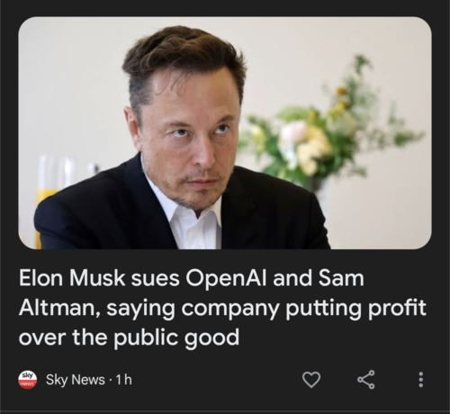 Headline: "Elon Musk sues OpenAI and Sam Altman, saying company putting profit over the public good"