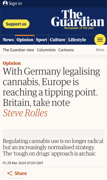 Screen cap from a Guardian headline :
"With Germany legalising cannabis, Europe is reaching a tipping point: Britain, take note."

By Steve Rolles - 'rolls' -geddit?