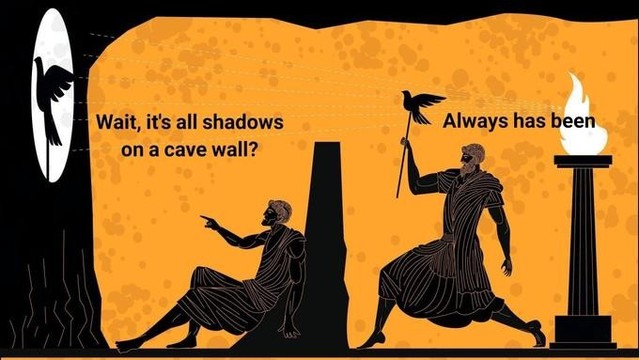 Figures in profile in the style of an antique greek vase. One is sat watching shadow puppets cast by another one, standing

Sitting man: "Wait it's all shadows on a cave wall"
Shadow puppeteer: "Always has been"
