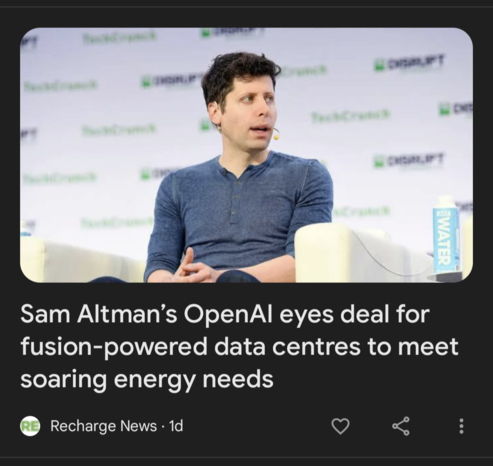 Headline screenshot from 'Recharge News': "Sam Altman's OpenAI eyes deal for fusion powered data centres to meet soaring energy needs"